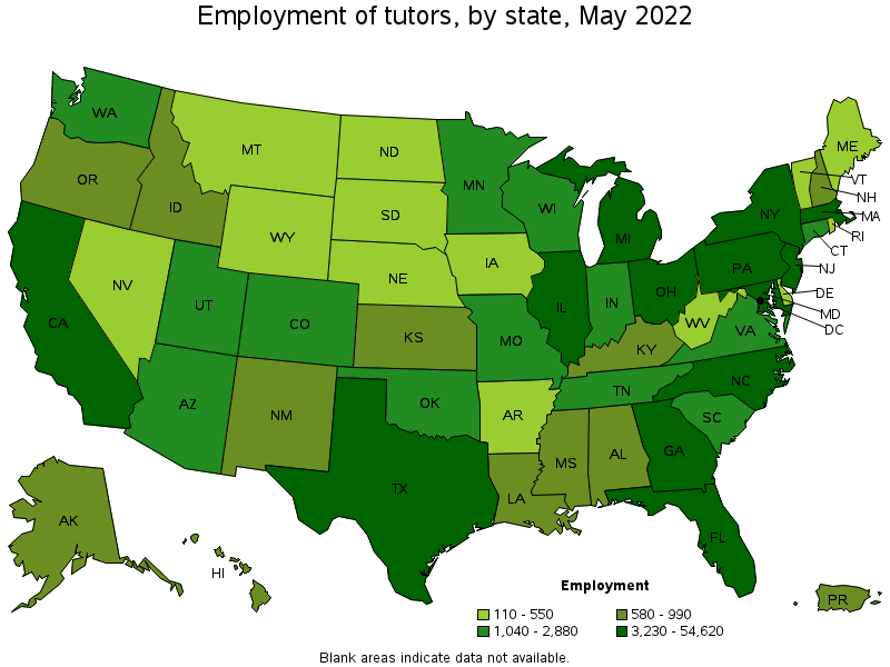Map of employment of tutors by state, May 2022