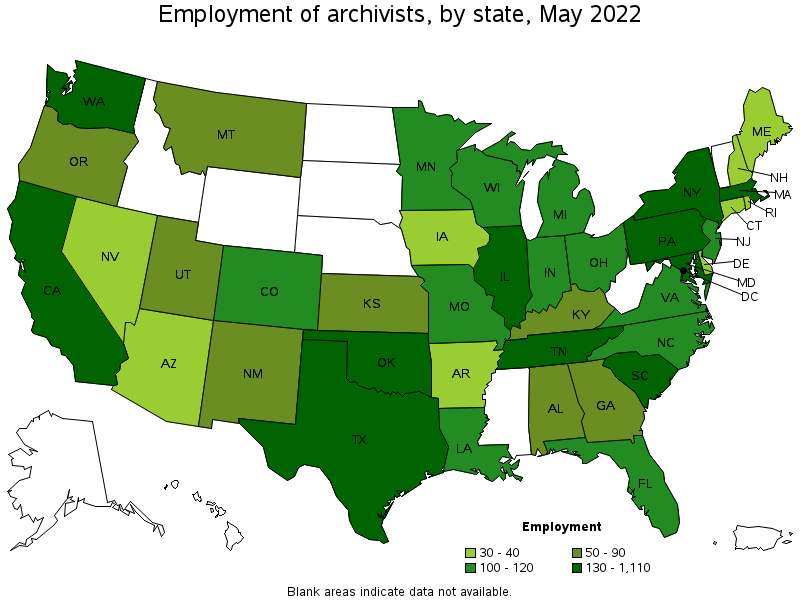 Map of employment of archivists by state, May 2022
