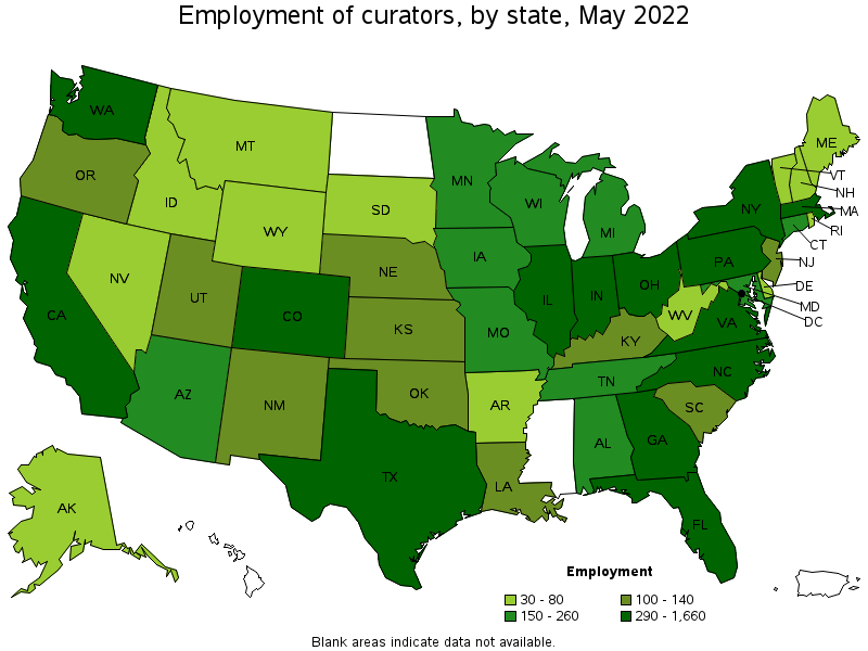 Map of employment of curators by state, May 2022