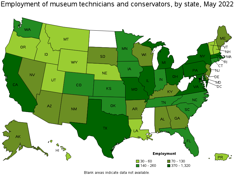 Map of employment of museum technicians and conservators by state, May 2022