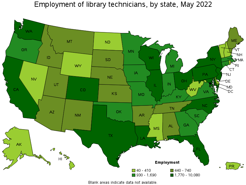 Map of employment of library technicians by state, May 2022