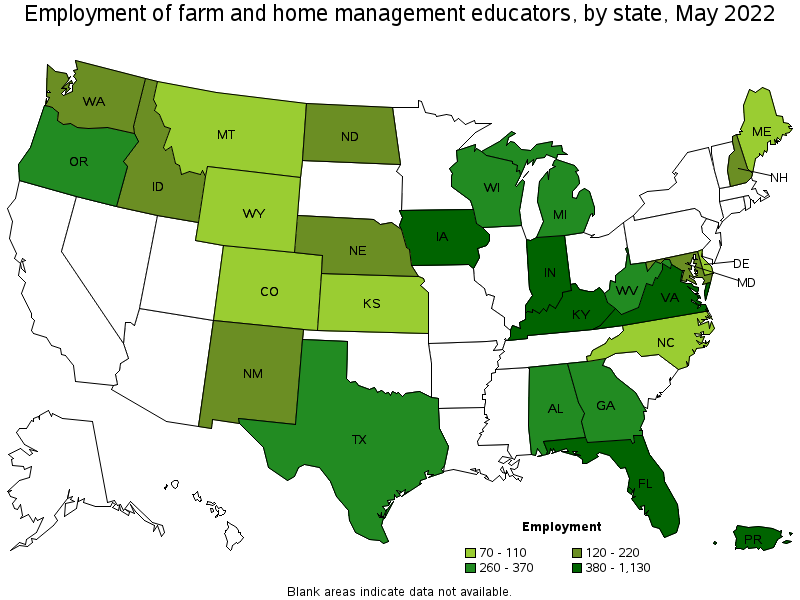 Map of employment of farm and home management educators by state, May 2022