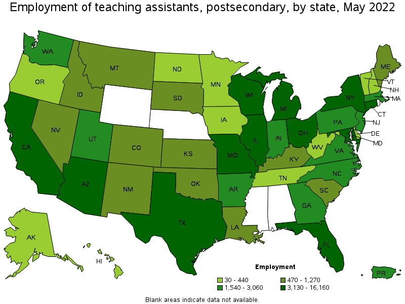 Map of employment of teaching assistants, postsecondary by state, May 2022