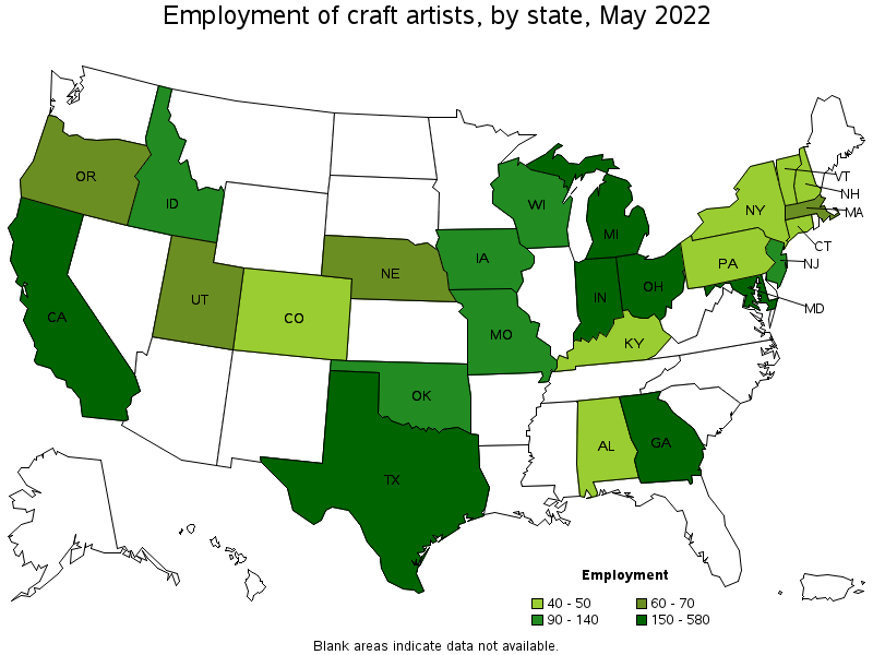 Map of employment of craft artists by state, May 2022