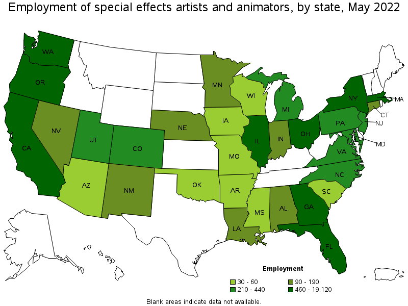Map of employment of special effects artists and animators by state, May 2022