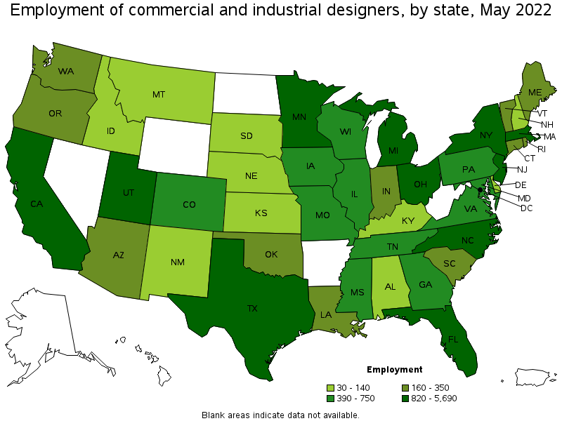 Map of employment of commercial and industrial designers by state, May 2022