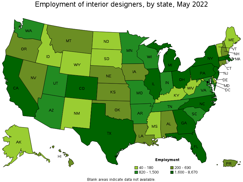 Map of employment of interior designers by state, May 2022