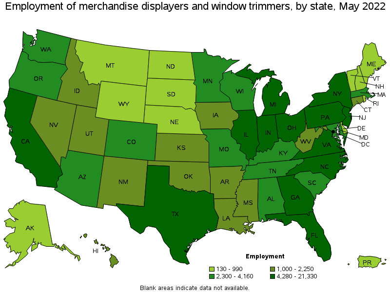 Map of employment of merchandise displayers and window trimmers by state, May 2022