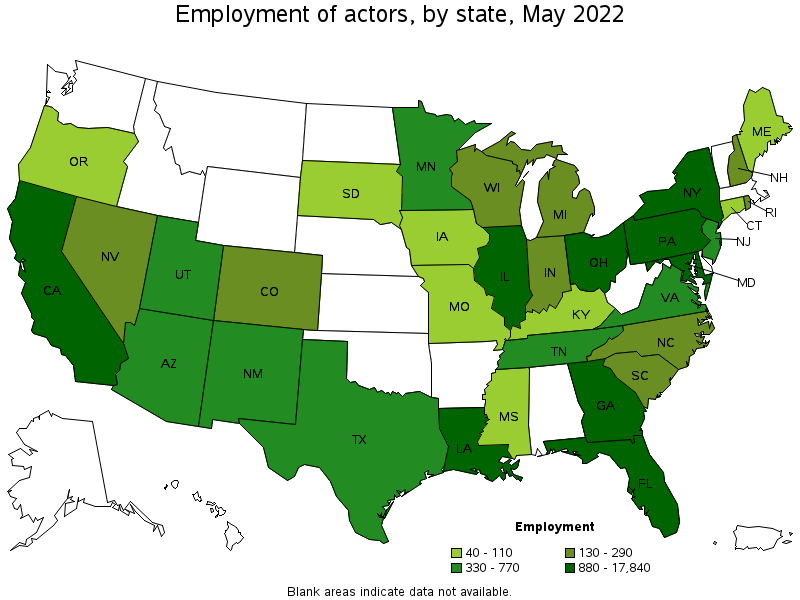 Map of employment of actors by state, May 2022