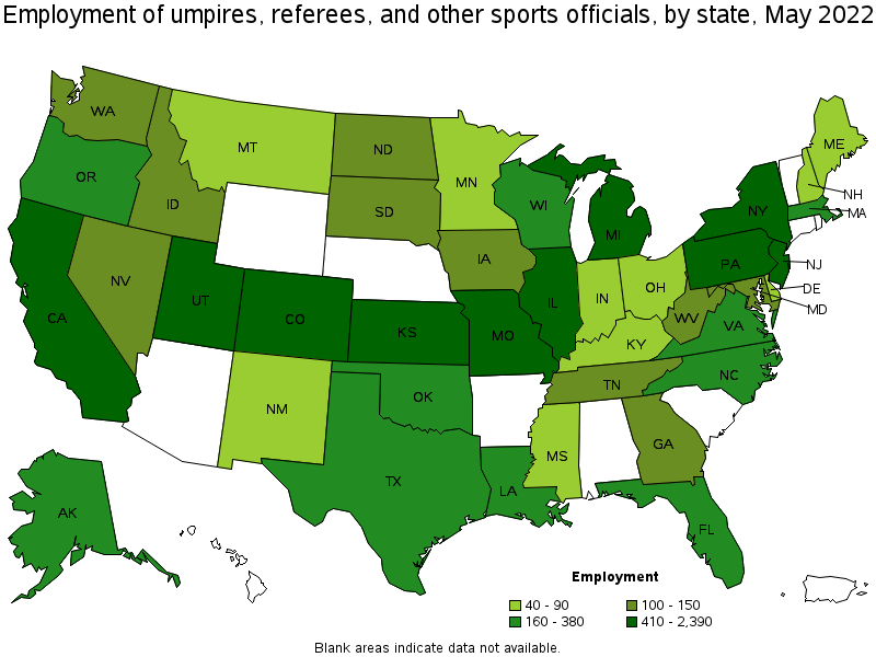 Map of employment of umpires, referees, and other sports officials by state, May 2022