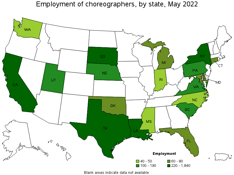 Map of employment of choreographers by state, May 2022