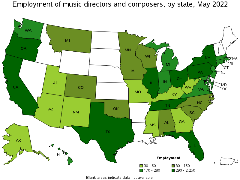 Map of employment of music directors and composers by state, May 2022