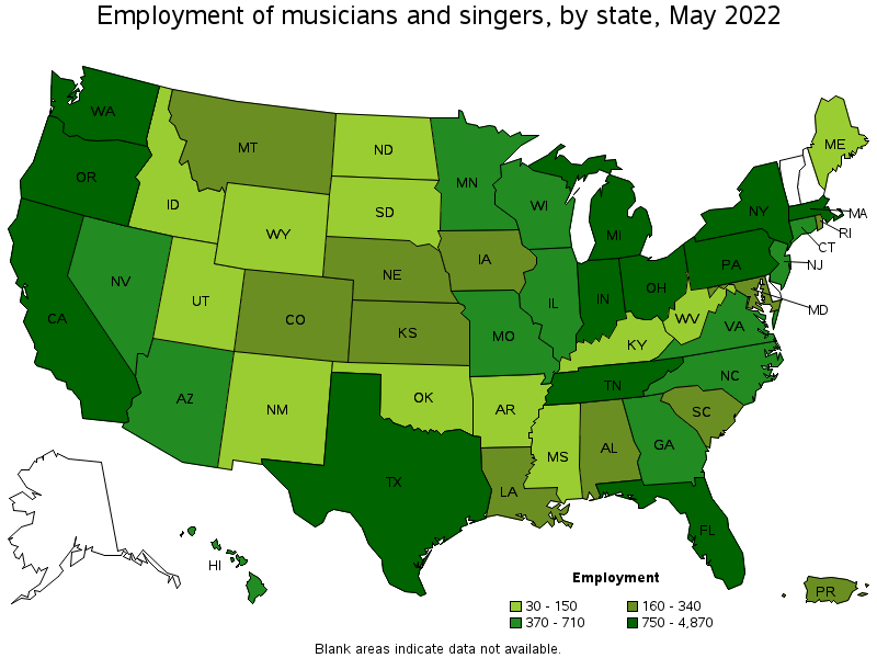 Map of employment of musicians and singers by state, May 2022