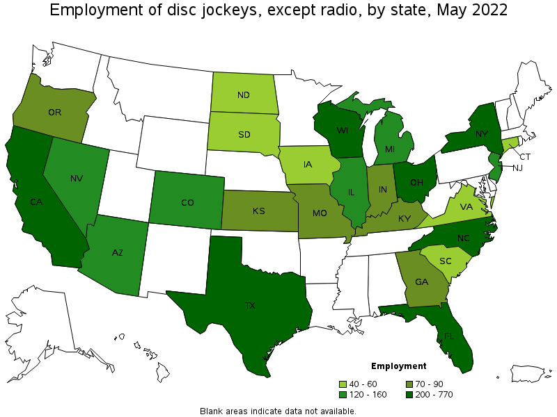 Map of employment of disc jockeys, except radio by state, May 2022
