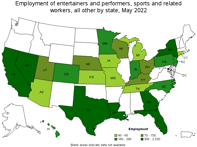 Map of employment of entertainers and performers, sports and related workers, all other by state, May 2022