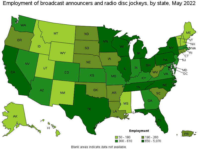 Map of employment of broadcast announcers and radio disc jockeys by state, May 2022