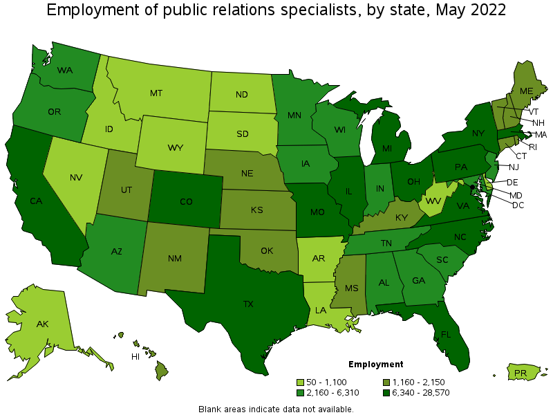 Map of employment of public relations specialists by state, May 2022