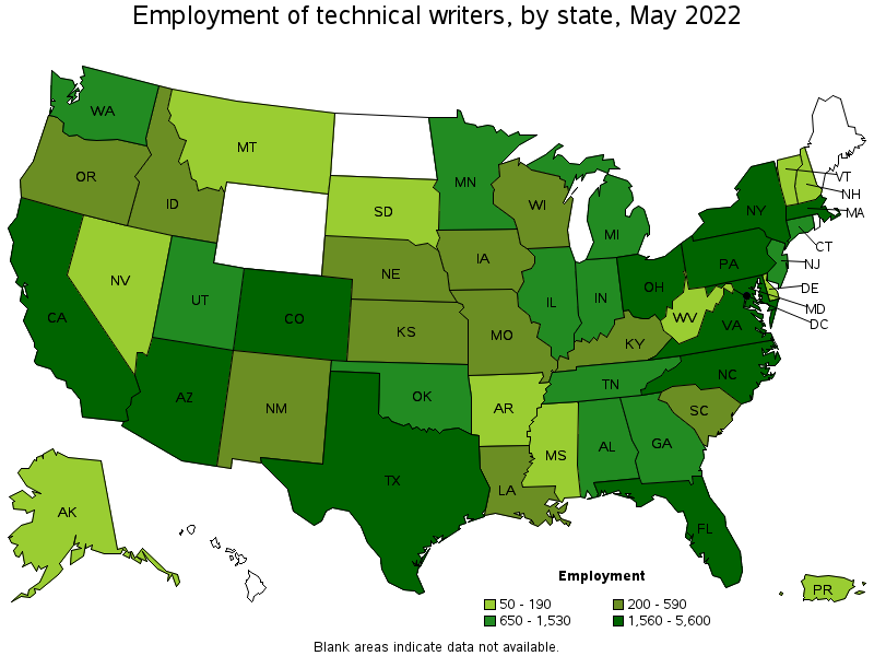 Map of employment of technical writers by state, May 2022