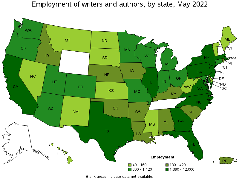 Map of employment of writers and authors by state, May 2022