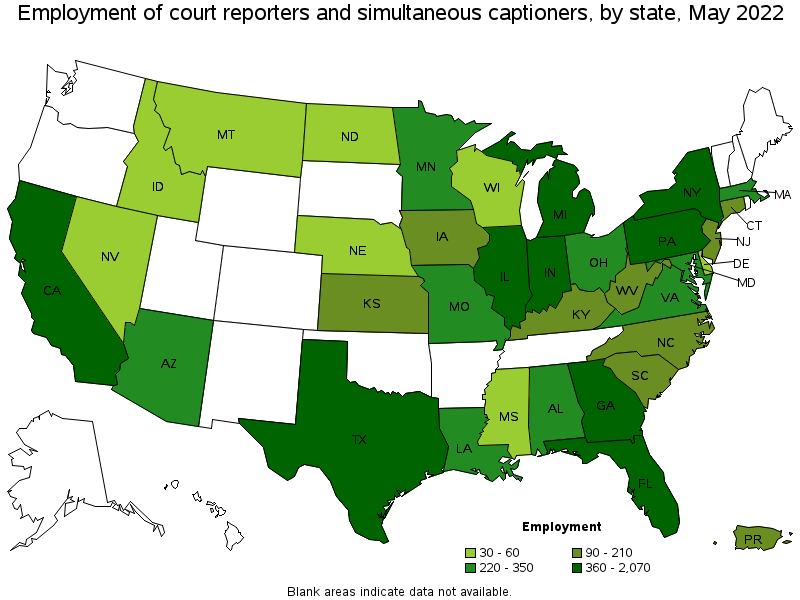 Map of employment of court reporters and simultaneous captioners by state, May 2022