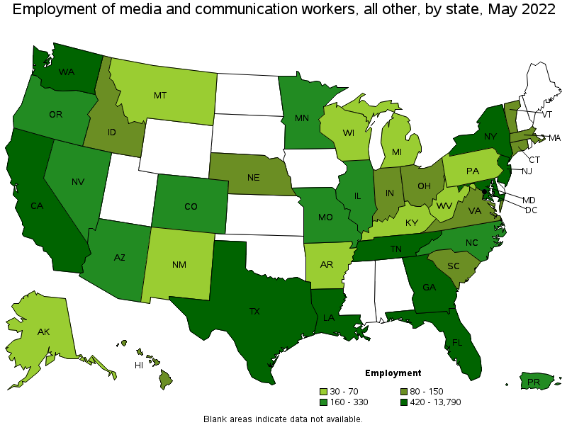 Map of employment of media and communication workers, all other by state, May 2022