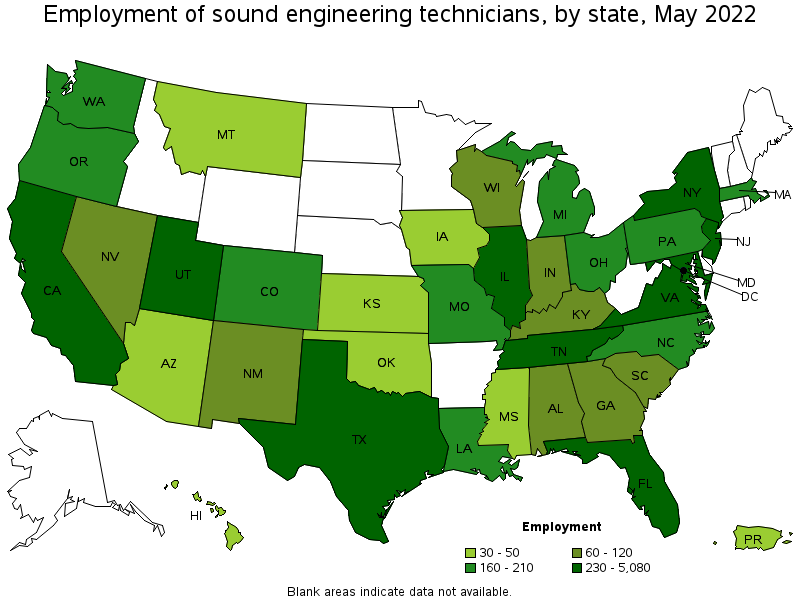 Map of employment of sound engineering technicians by state, May 2022
