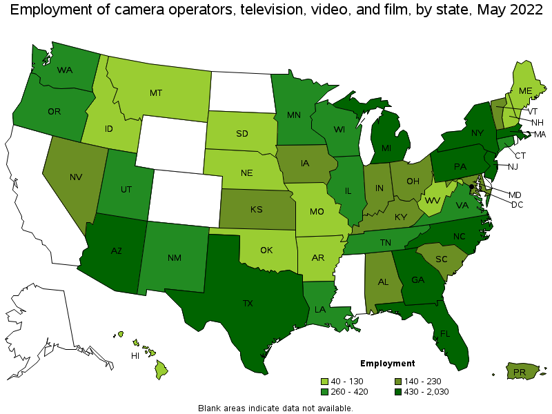 Map of employment of camera operators, television, video, and film by state, May 2022