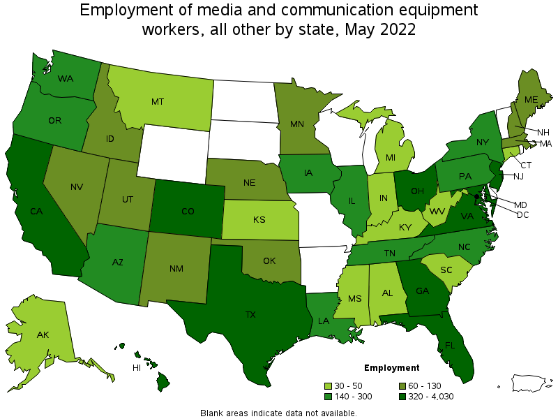 Map of employment of media and communication equipment workers, all other by state, May 2022