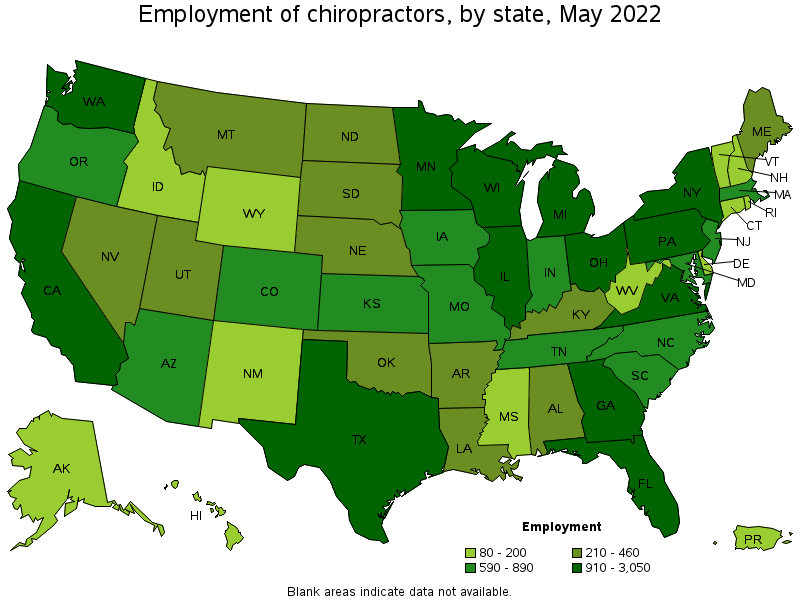 Map of employment of chiropractors by state, May 2022
