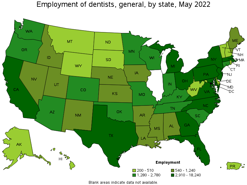 Map of employment of dentists, general by state, May 2022