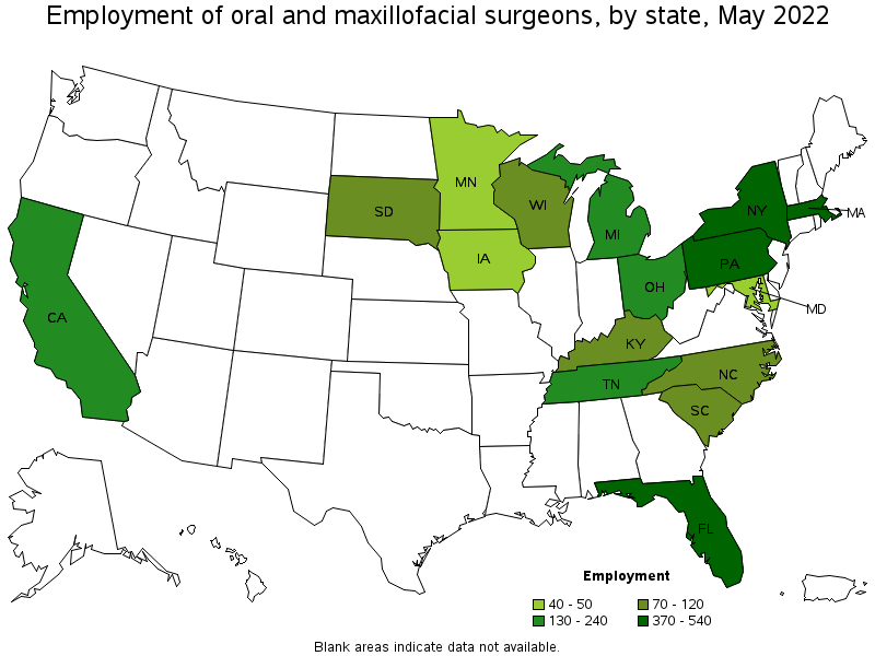 Map of employment of oral and maxillofacial surgeons by state, May 2022