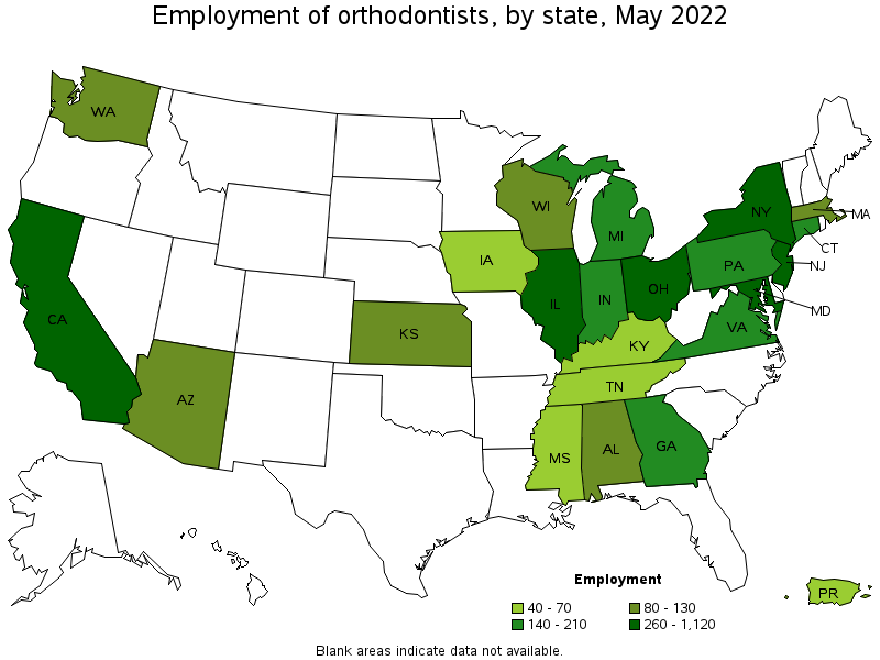 Map of employment of orthodontists by state, May 2022