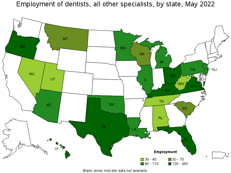 Map of employment of dentists, all other specialists by state, May 2022
