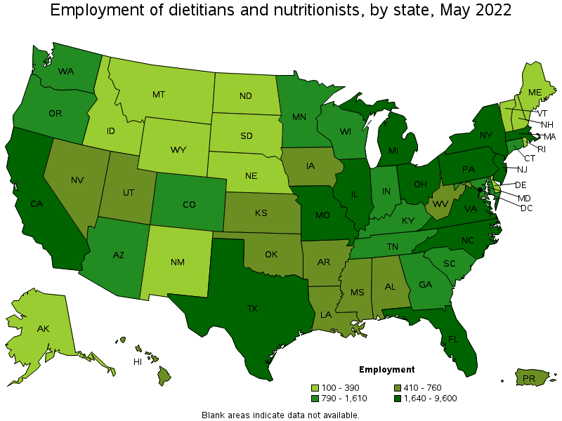 Map of employment of dietitians and nutritionists by state, May 2022