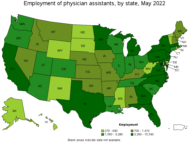 Map of employment of physician assistants by state, May 2022