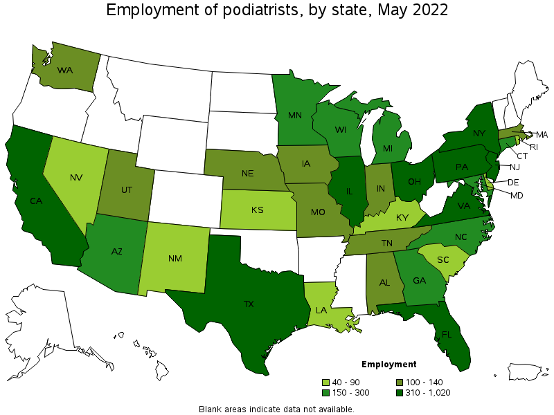 Map of employment of podiatrists by state, May 2022