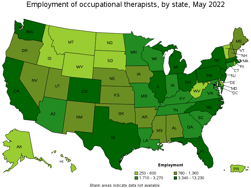 Map of employment of occupational therapists by state, May 2022
