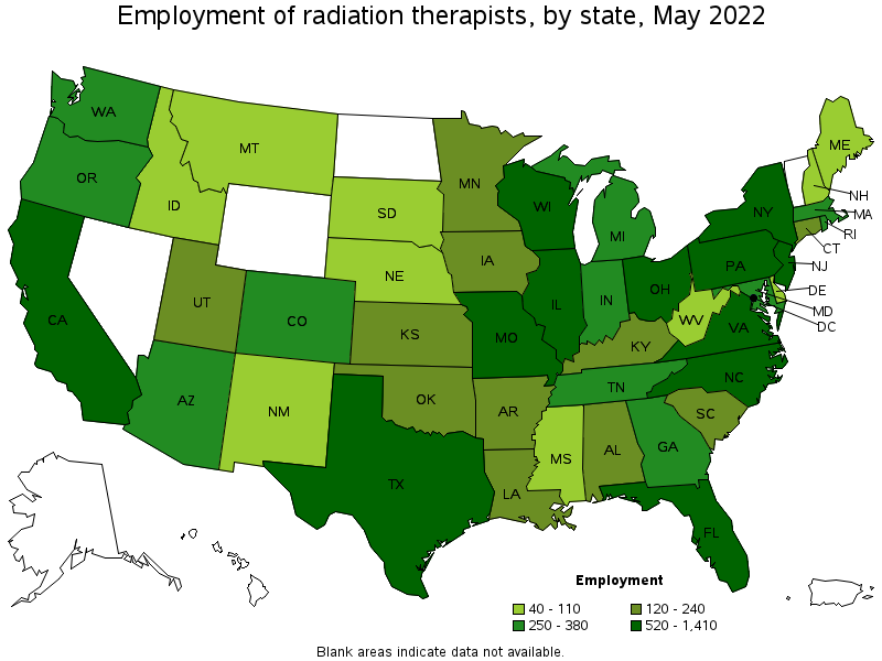 Map of employment of radiation therapists by state, May 2022