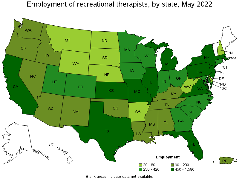 Map of employment of recreational therapists by state, May 2022