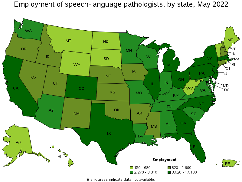 Map of employment of speech-language pathologists by state, May 2022