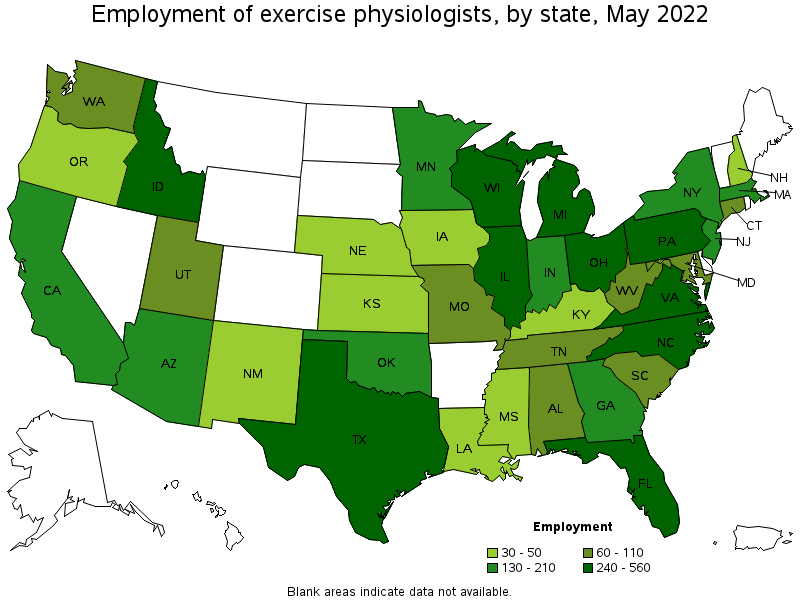 Map of employment of exercise physiologists by state, May 2022