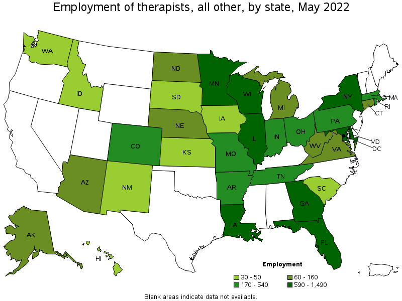 Map of employment of therapists, all other by state, May 2022