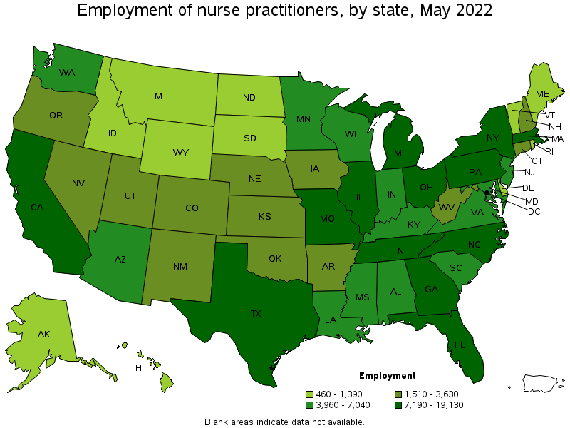Map of employment of nurse practitioners by state, May 2022