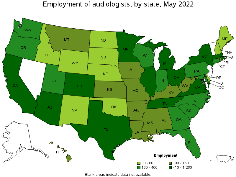 Map of employment of audiologists by state, May 2022