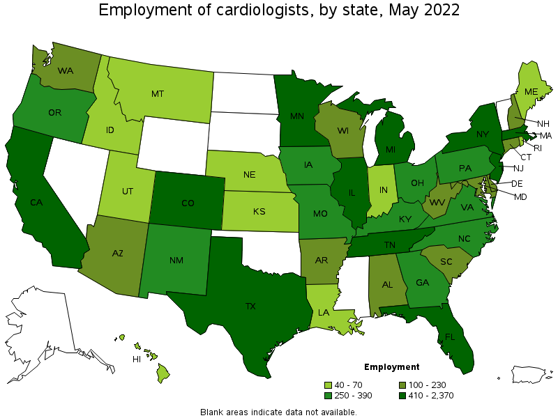 Map of employment of cardiologists by state, May 2022