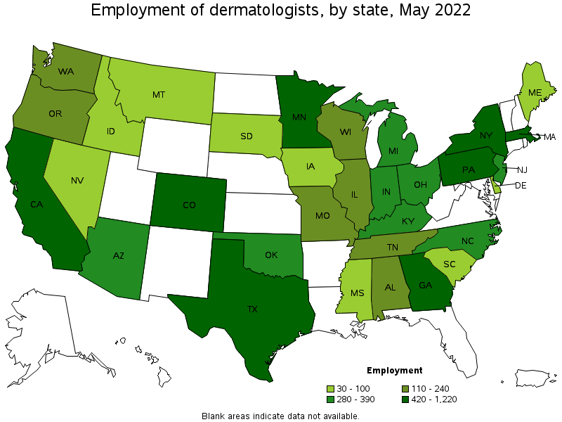 Map of employment of dermatologists by state, May 2022