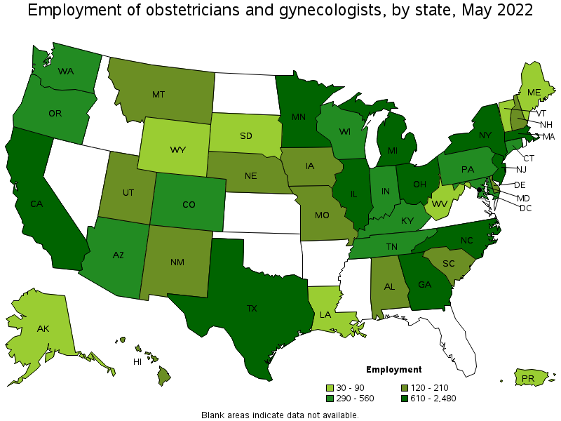 Map of employment of obstetricians and gynecologists by state, May 2022