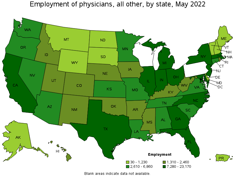 Map of employment of physicians, all other by state, May 2022