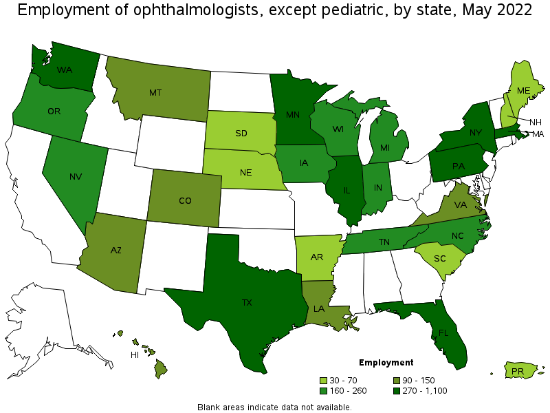 Map of employment of ophthalmologists, except pediatric by state, May 2022