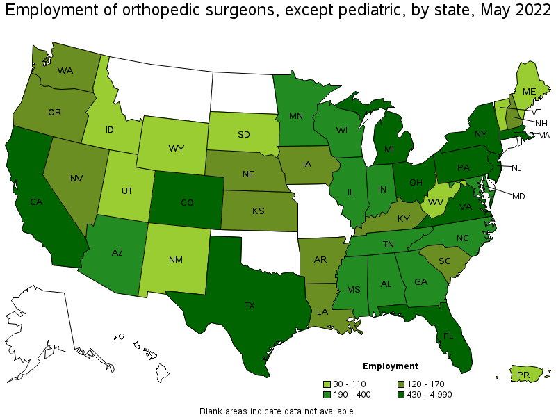 Map of employment of orthopedic surgeons, except pediatric by state, May 2022